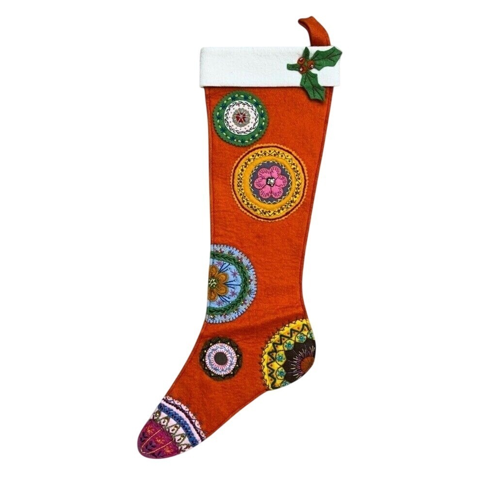 Vintage 70's Handmade Felt Stocking Appliqué Embroidered Beaded‎ OOAK boho